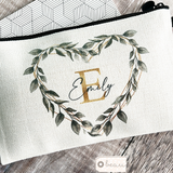 Personalised Name and Initial.. Greenery Heart Design Linen Style Make Up Bag