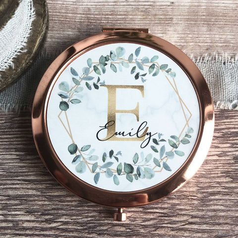 Personalised Initial and Name Geometric Greenery Rose Gold Compact Mirror