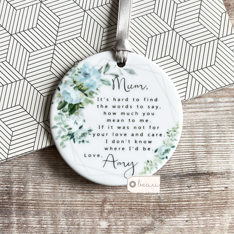 Personalised It’s hard to find the words.. Thank you Mum Quote Pale Blue Floral Ceramic Keepsake