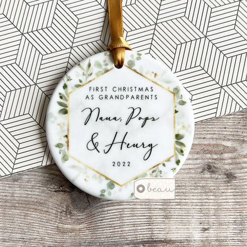 Personalised First Christmas as Grandparents Geo Greenery Ceramic Round Decoration