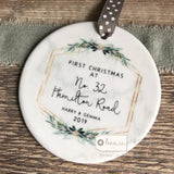 Personalised First Christmas at Address New Home Marble Style Quote Botanical Ceramic Round Decoration Ornament Keepsake