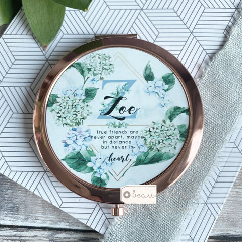 Personalised Initial and Name Never apart...Quote Blue Floral Greenery  Rose Gold Compact