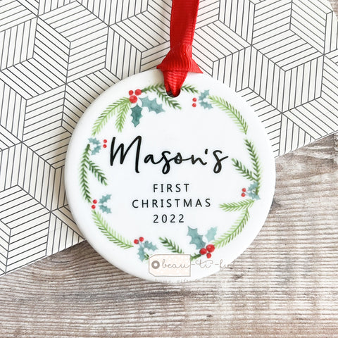 Personalised Baby’s First Christmas New Baby Boy Girl Newborn Holly Wreath Greenery Ceramic Round Decoration