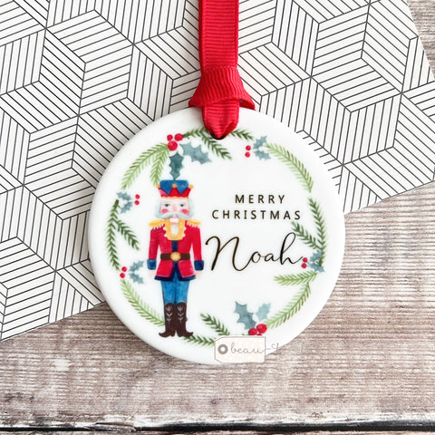 Personalised Merry Christmas Nutcracker theme Holly Wreath Greenery Ceramic Round Decoration