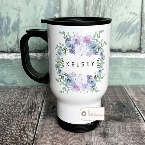 Personalised Name Lilac Floral Greenery Design travel Mug