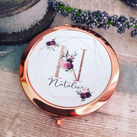 Personalised Initial and Name Burgundy Floral Geometric Design Rose Gold Compact Mirror