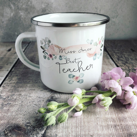 Personalised Best Teacher Floral Detail Enamel Mug