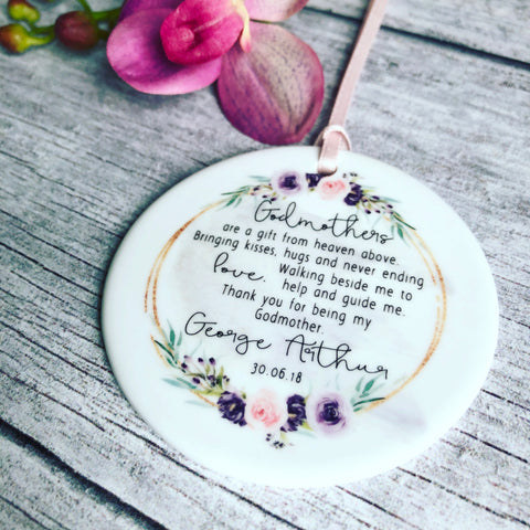 Personalised Godmother Godparents Thank you Decoration Floral....Round Ceramic ... - Keepsake Decoration - Ornament