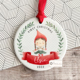 Personalised Baby Babies Baby’s First Christmas Gift Boy Girl Elf Pixie Round Decoration