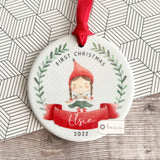 Personalised Baby Babies Baby’s First Christmas Gift Boy Girl Elf Pixie Round Decoration