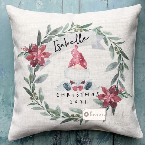 Personalised Name Christmas Santa Gnome Wreath Linen Style Cushion