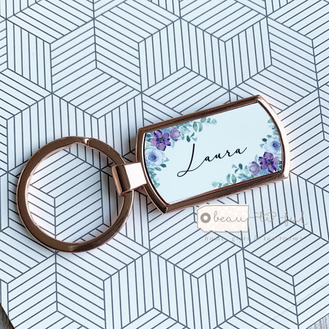 Personalised Name Purple Lilac Floral Greenery Design Rose Gold Silver Key Ring Gift