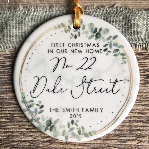 Personalised First Christmas In our new home Eucalyptus Marble style Ceramic Ornament Decoration