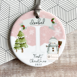 Personalised Baby’s First Christmas New Baby Boy Girl Newborn Snowflake Snowman Ceramic or Acrylic Round Decoration