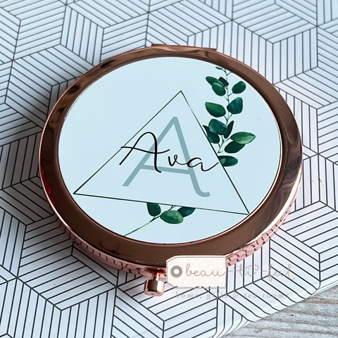 Personalised Initial and Name Modern Geometric Greenery Design Compact Mirror