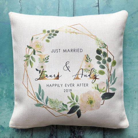 Personalised Just Married Initials Mr & Mrs Wedding Floral Geometric Linen Style Cushion