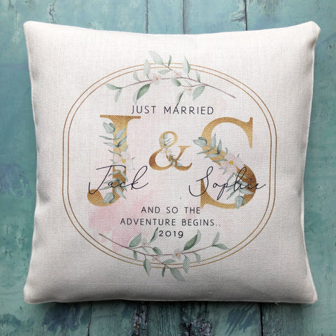 Personalised Just Married Initials Mr & Mrs Wedding Linen Style Cushion