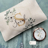 Personalised Name and Initial.. White Floral Wreath Design Linen style Make up Bag