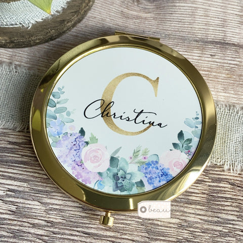 Personalised Initial and Name Lilac Floral Round Rose Gold Compact Mirror