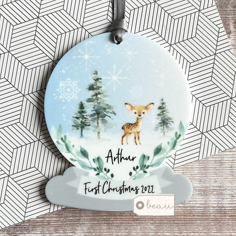 Personalised Baby Baby’s First Christmas Woodland Deer Acrylic snow globe shape Christmas Decoration Ornament