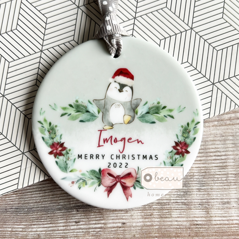 Personalised Merry Christmas Penguin Gift Boy Girl Acrylic or ceramic Round Decoration