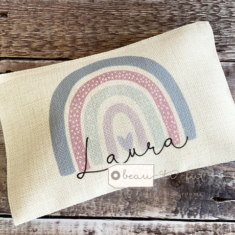 Personalised Name Pink Lilac Rainbow Design Linen Style Make Up Bag