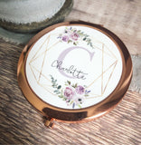 Personalised Initial and Name Lilac Floral Design Rose Gold Compact Mirror