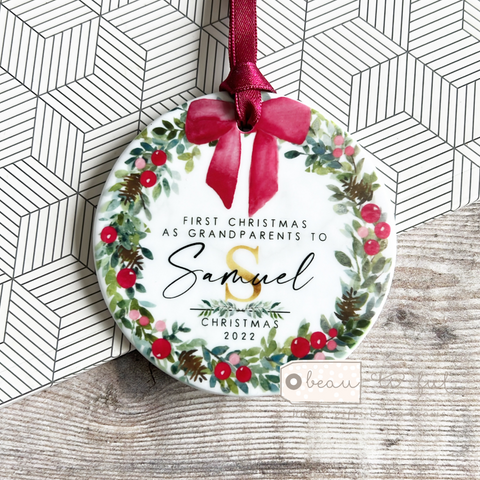 Personalised First Christmas as Grandparents Bow Greenery Ceramic Round Decoration