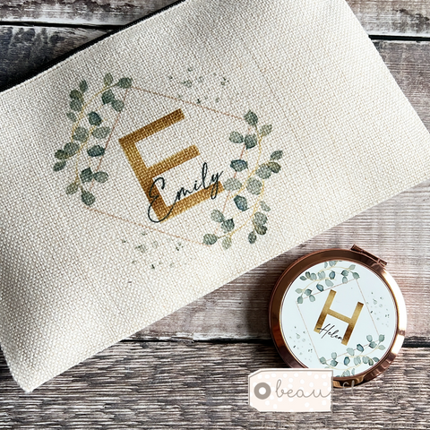 Personalised Name and Initial.. Geometric Greenery Design Linen Style Make Up Bag