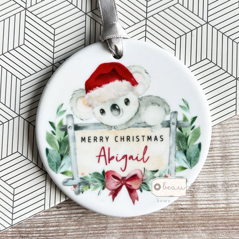 Personalised Merry Christmas Koala Gift Boy Girl Ceramic Round Decoration