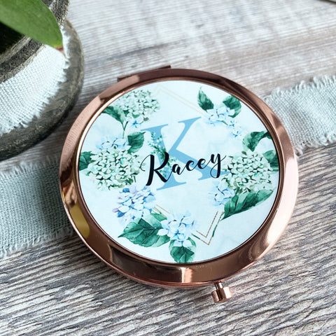 Personalised Initial and Name Blue Floral Greenery  Rose Gold Compact Mirror
