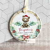 Personalised Baby Baby’s First Christmas Bear Gift Boy Girl Acrylic or ceramic Round Decoration