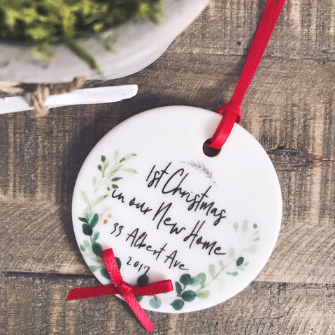 Personalised First Christmas In our New Home Address Botanical Round Ceramic Tree Hanger Decoration Ornament