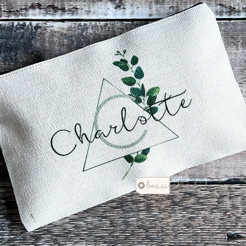 Personalised Name and Initial.. Modern Geometric Greenery Design Linen Style Make Up Bag