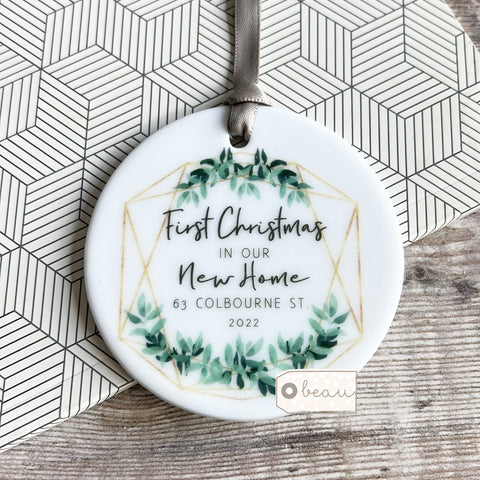 Personalised First Christmas in our New Home Botanical Round Ceramic Tree Hanger Decoration Ornament
