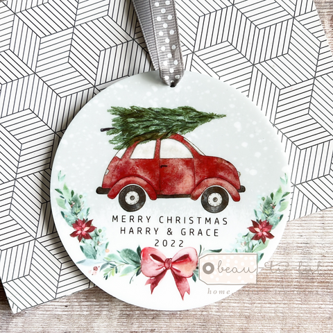 Personalised Merry Christmas Car and tree Gift Boy Girl Acrylic or ceramic Round Decoration