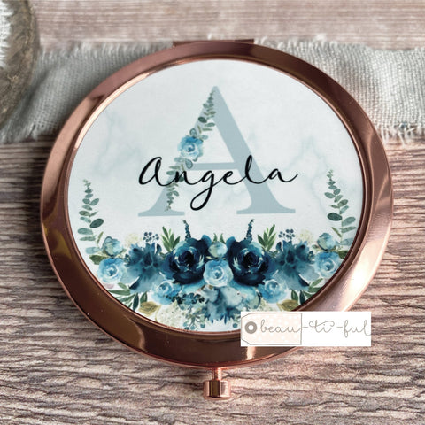 Personalised Initial and Name Dusky Blue Floral Greenery Rose Gold Compact Mirror