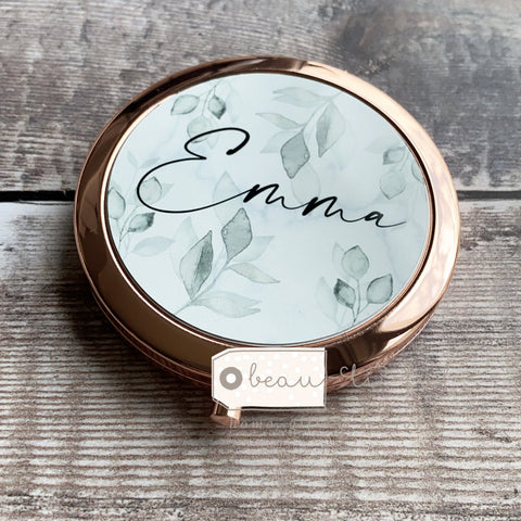 Personalised Name Botanical Leaves Design Rose Gold Compact Mirror