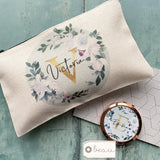 Personalised Name and Initial.. White Pink Wreath Design Linen style  Make up Bag