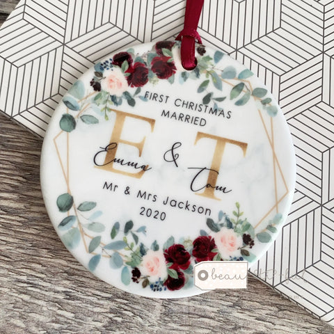 Personalised First Christmas Married As Mr And Mrs Burgundy Geo Greenery Round Ceramic Tree Hanger Decoration Ornament