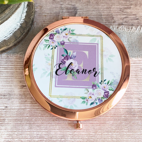 Personalised Initial and Name Lilac Floral Greenery Rose Gold Compact Mirror