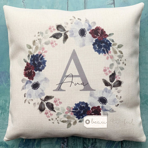Personalised Floral Navy Burgundy Grey Wreath Name and Initial Cushion