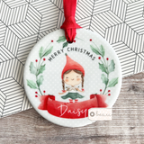 Personalised Merry Christmas Gift Boy Girl Elf Pixie Ceramic Round Decoration