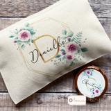 Personalised Name and Initial.. Pink Floral Greenery Design Linen Style Make Up Bag