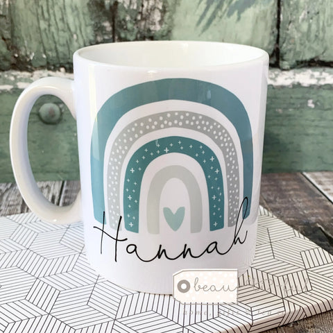 Personalised Name Teal Grey Rainbow Design Mug