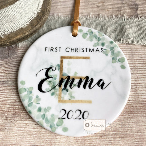 Personalised First Christmas Baby Girl Boy Initial Eucalyptus Greenery Marble Style Ceramic Keepsake