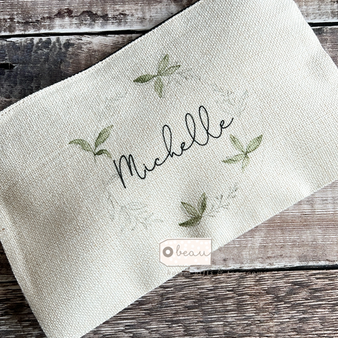 Personalised Name and Initial.. Greenery Design Linen Style Make Up Bag