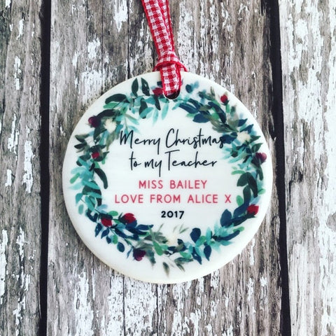 Personalised Merry Christmas to my Teacher Wreath Round Ceramic Tree Hanger Decoration Ornament