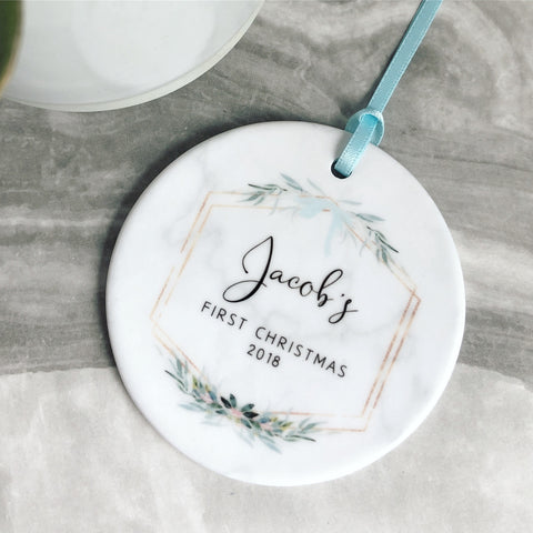 Personalised First Christmas Baby Boy Marble Style Quote Botanical Ceramic Round Decoration Ornament Keepsake