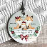 Personalised First Christmas as a family of 3 4 5 Woodland Fox Gift Boy Girl Acrylic or ceramic Round Decoration